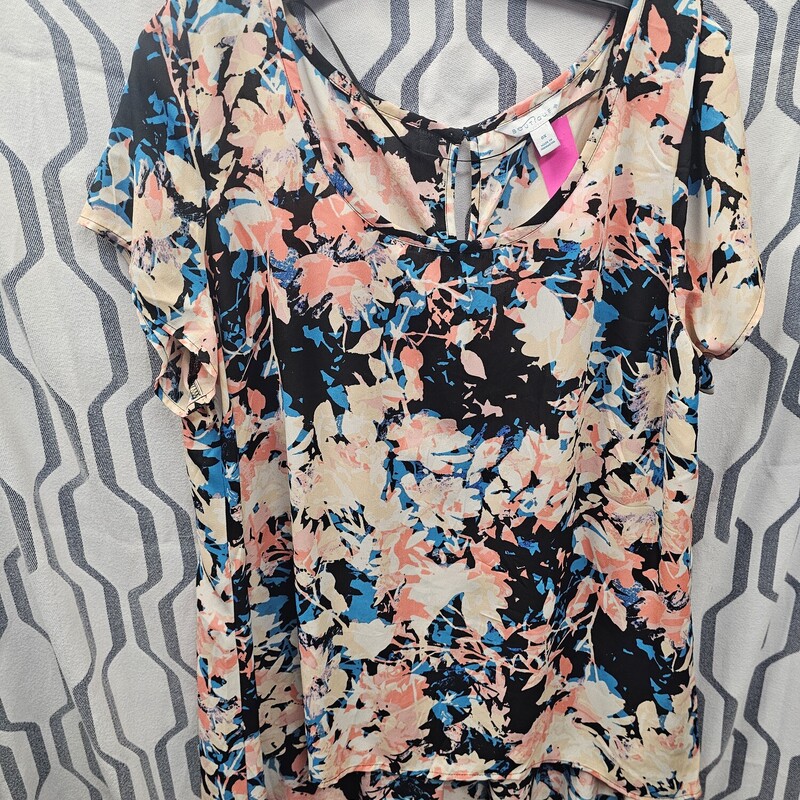 Cute short sleeve blouse in black with blue pink and tan pattern,