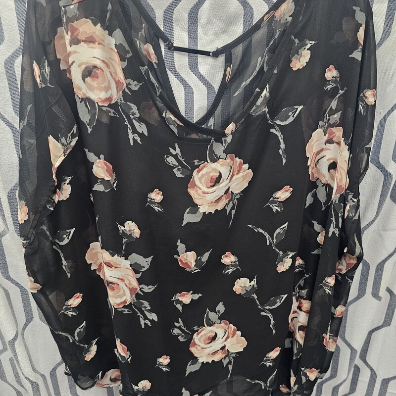 Twin set with sheer black blouse with rose floral print and a solid black tank