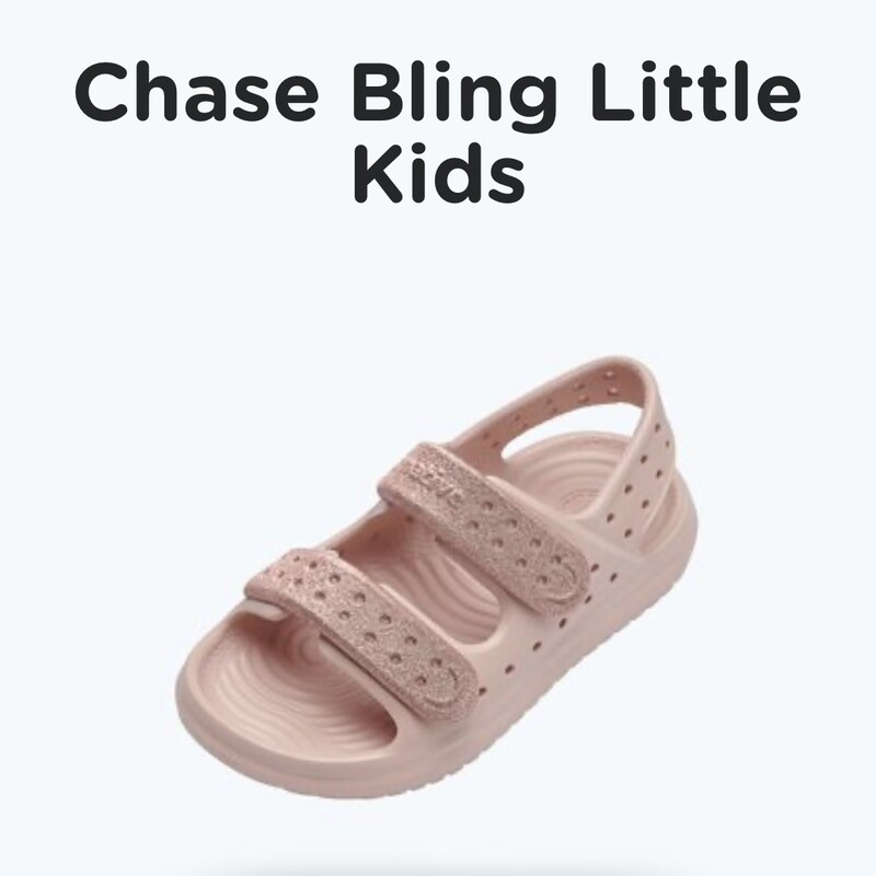 Native - Chase Bling Child,  Chamleon Pink Bling,
Size: C8

Make sure your adventurer is ready to shine bright as they take on the day in this blinged-out, extra cushioned, water-friendly sandal. Chase is entirely made from one piece (no glue needed) for added durability and comes with two sparkly adjustable straps and a grippy tread to keep tiny feet secure as they explore on land and by the water.
MATERIALS
Injection molded Sugarlite EVA
Easy to Clean
Odor Resistant
Durable
Bling Treatment