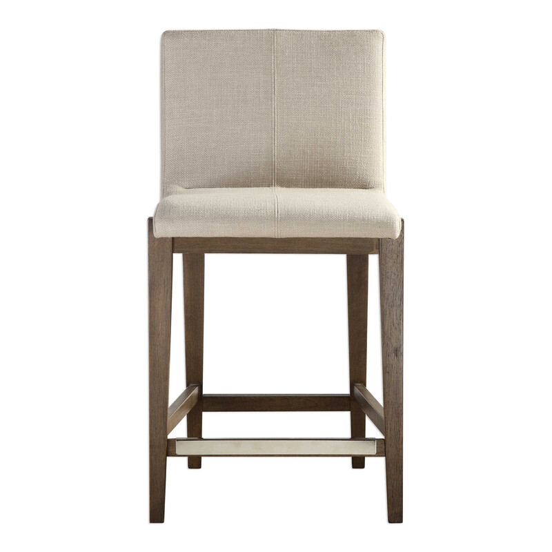 Set of 5 Uttermost Klemens Bar Stools
Linen with Brown Wood Frame
Size: 20x23x38H  Counter Height-Seat to Floor 26 Inches
Gently sloped padded seat in a beige linen blend performance fabric rests within a solid birch wood frame finished in light walnut, with a brushed nickel metal kick plate.
NEW Retail $3500