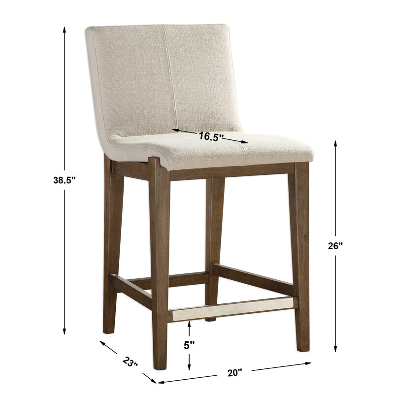 Set of 5 Uttermost Klemens Bar Stools<br />
Linen with Brown Wood Frame<br />
Size: 20x23x38H  Counter Height-Seat to Floor 26 Inches<br />
Gently sloped padded seat in a beige linen blend performance fabric rests within a solid birch wood frame finished in light walnut, with a brushed nickel metal kick plate.<br />
NEW Retail $3500