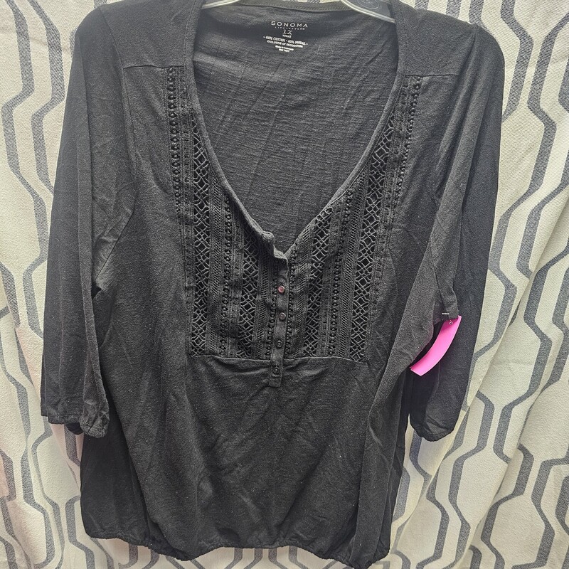 Half sleeve knit top in black with lace front