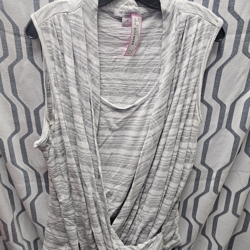 Twin set style sleeveless blouse in a white and grey stripe with wrap style top layer and sewn in tank panel