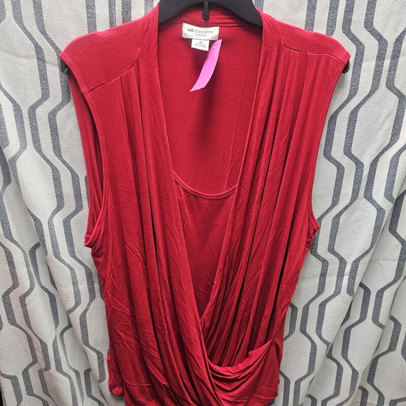 Twin set style in a red sleeveless top with wrap style top layer and sewn in front panel.
