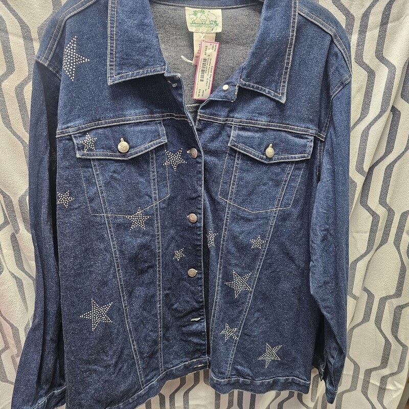 Denim jacket with button up front in blue with silver rhinestone stars.