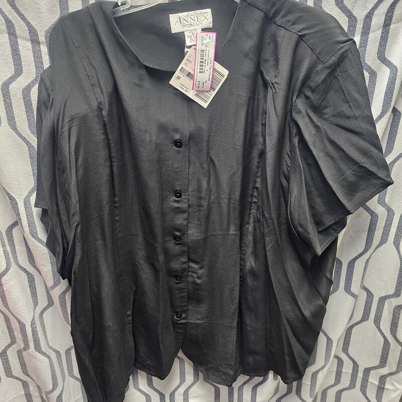 Brand new with tags, button up front short sleeve black blouse with shoulder pads.