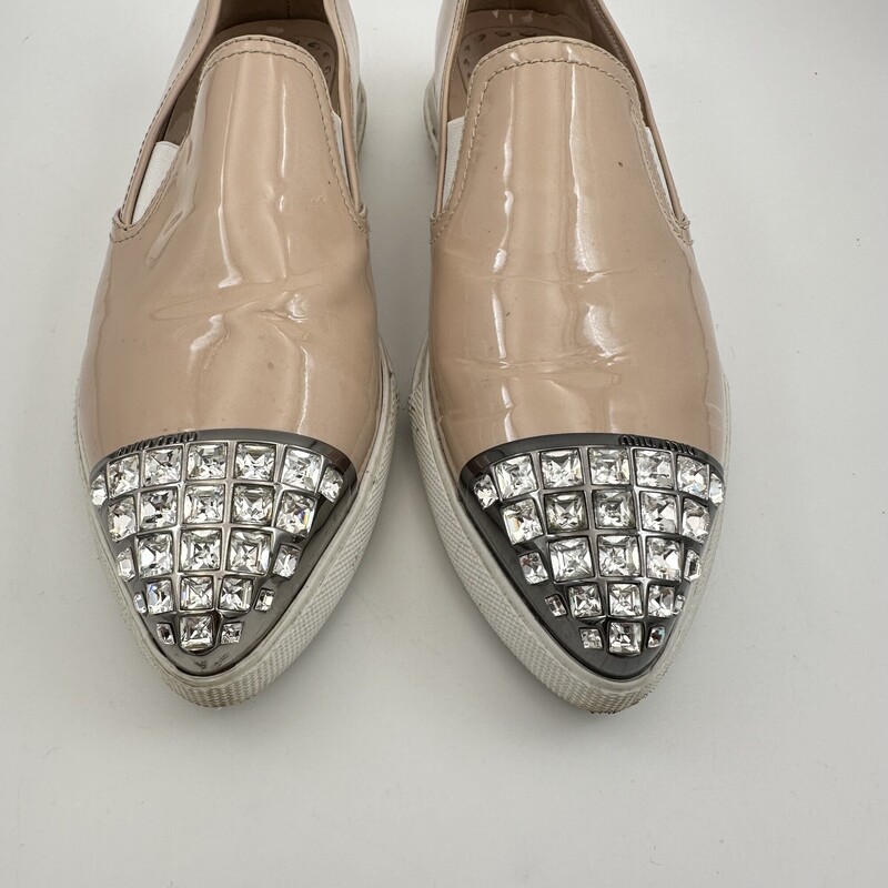 Miu Miu Patent Jeweled Shoes, Tan<br />
Size: 6-7 (37)