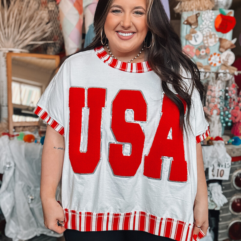 The perfect top for the summer season! Wear it for Independence Day or just because!
Available in sizes Small, Medium, Large. These do run oversized.
Madison is wearing a Medium!