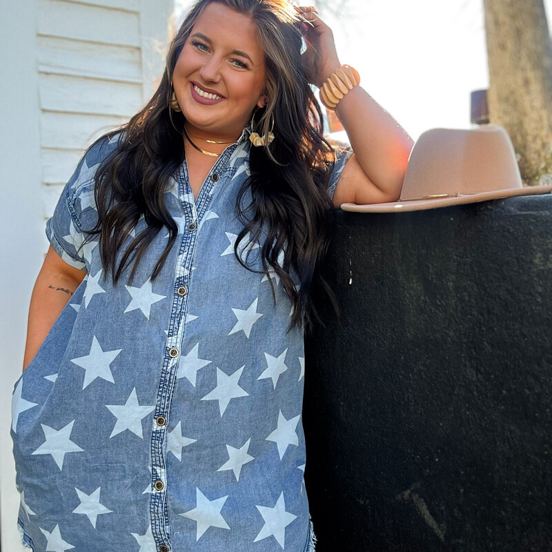 The perfect dress to SHINE in! A great combination of denim, stars, and boho vibes!<br />
Available in Small, Medium, and Large.<br />
Madison is wearing the Large, and Anna the small for size reference.