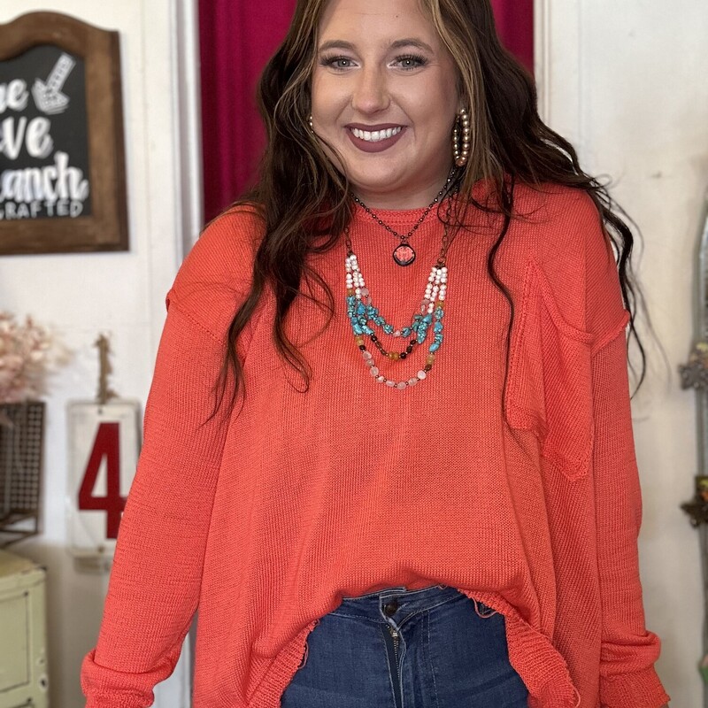 This oversized-lightweight sweater is perfect for  fall, or for layering in the winter!
Available in Mustard and Coral, sizes Small, Medium, Large.
Madison is wearing the Large.