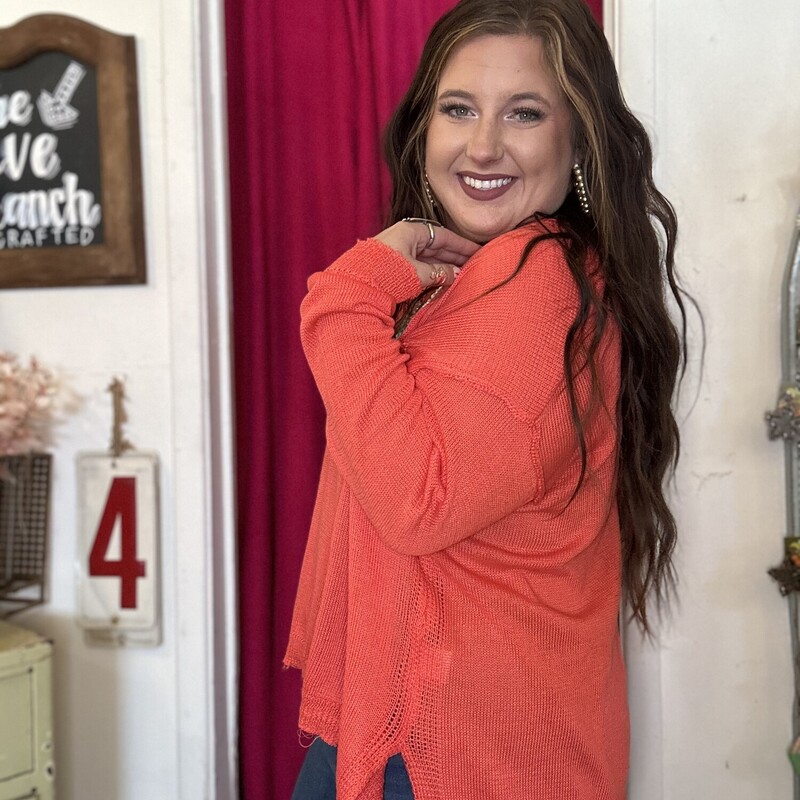 This oversized-lightweight sweater is perfect for  fall, or for layering in the winter!
Available in Mustard and Coral, sizes Small, Medium, Large.
Madison is wearing the Large.
