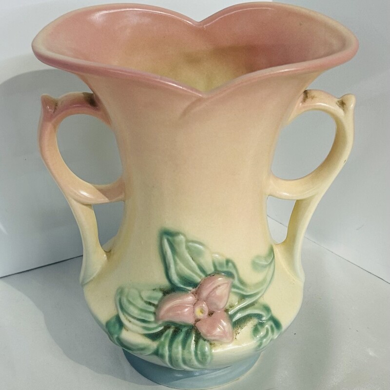 Hull Art Pottery Floral Vase with Handles
Pink Green Peach
Size: 6.5 x 5 x 7.5H
