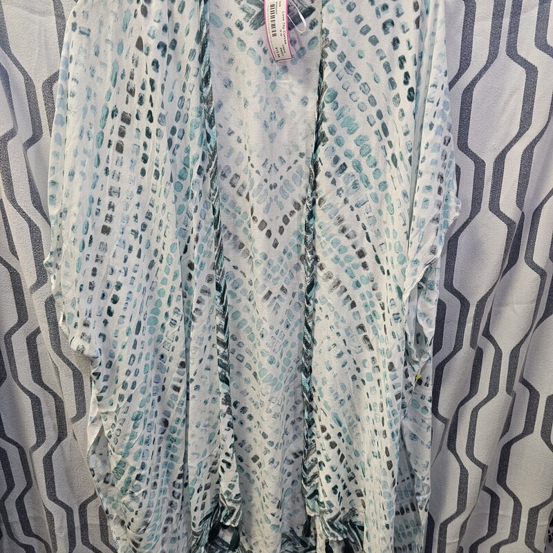 Free flowing kimono in white and greens with little tassles!