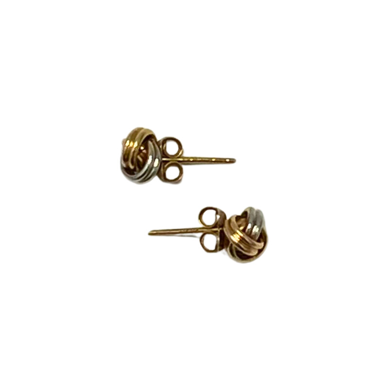 Tri-tone 14K Gold Love Knot Stud Earrings<br />
<br />
These stud fashion earrings feature a tri-tone gold love knot design with white, rose, and 14k yellow gold base with push backings.