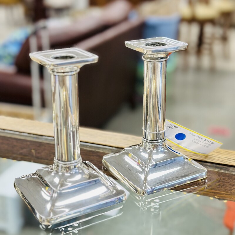 Two Sterling Silver Candlesticks, Square. Sold as a PAIR.
Size: 6in H