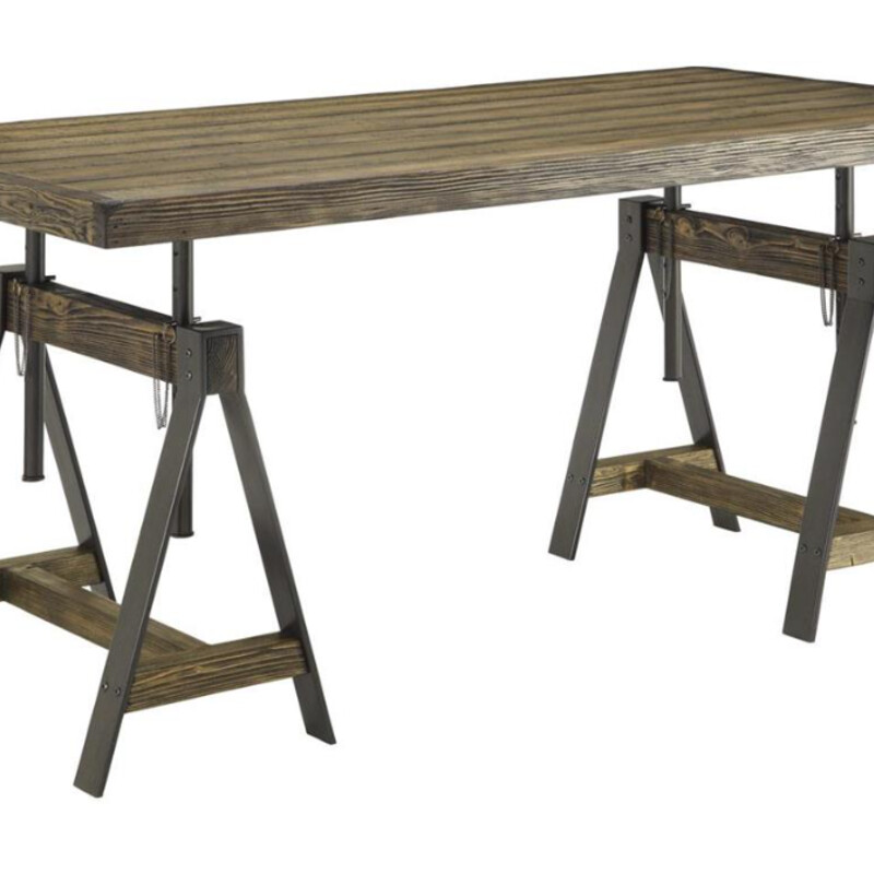 Industrial Writing Desk
Brown Black Size: 63 x 32 x 38H
Adjustable Height 38 Inches Max
Planked top is held aloft by wood and metal sawhorse legs, and with adjustable height options, a desk to live up to your high expectations for years to come.
NEW Retail $1385