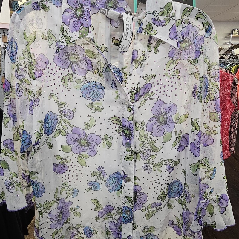 Button up sheer white blouse with bling and purple and blue floral design. With white tank underneath that can be worn separate.