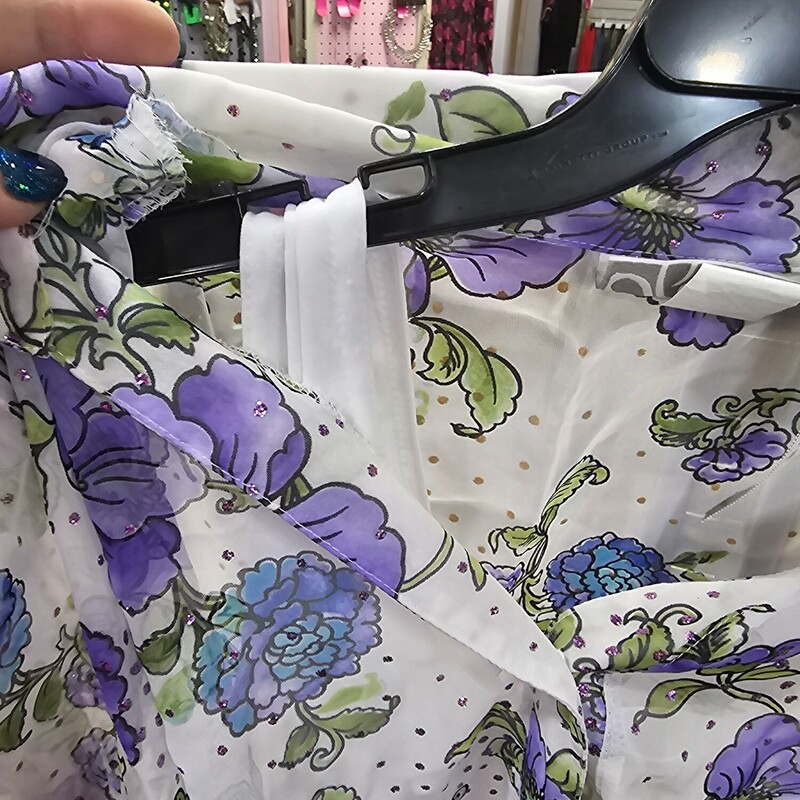 Button up sheer white blouse with bling and purple and blue floral design. With white tank underneath that can be worn separate.