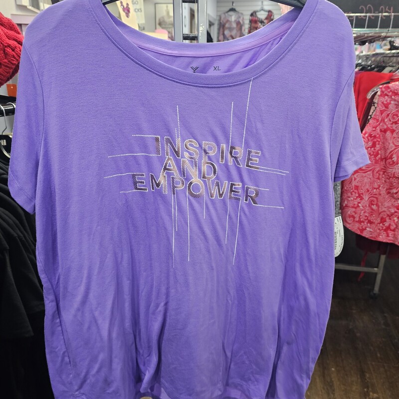 Short sleeve purple tee with gold Inspire and Empower graphic