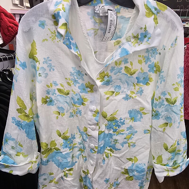 White button up blouse in white with blue and green floral design with white tank underneath. Can be worn as separates.
