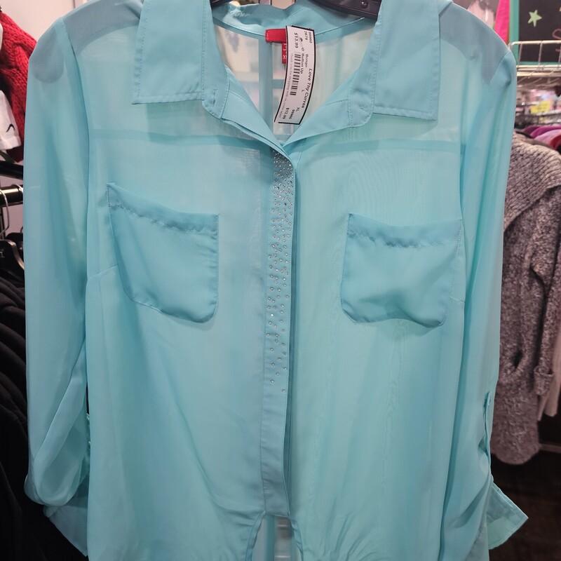 Button up blouse with bling in a soft teal