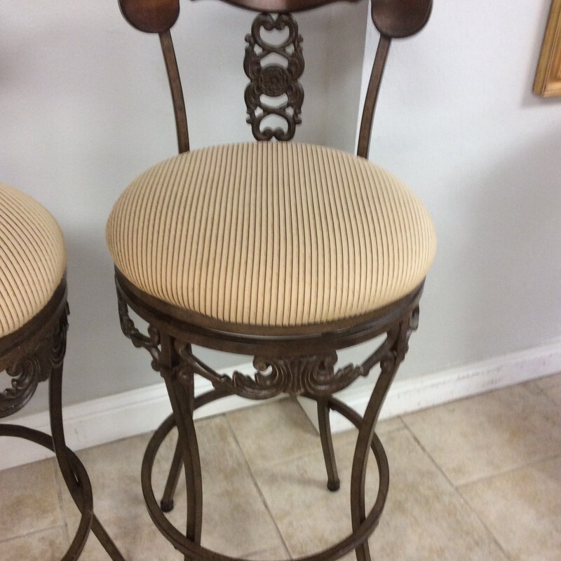 Set of 3 iron swivel barstools with beige striped upholstered seats, Size: 33\"
