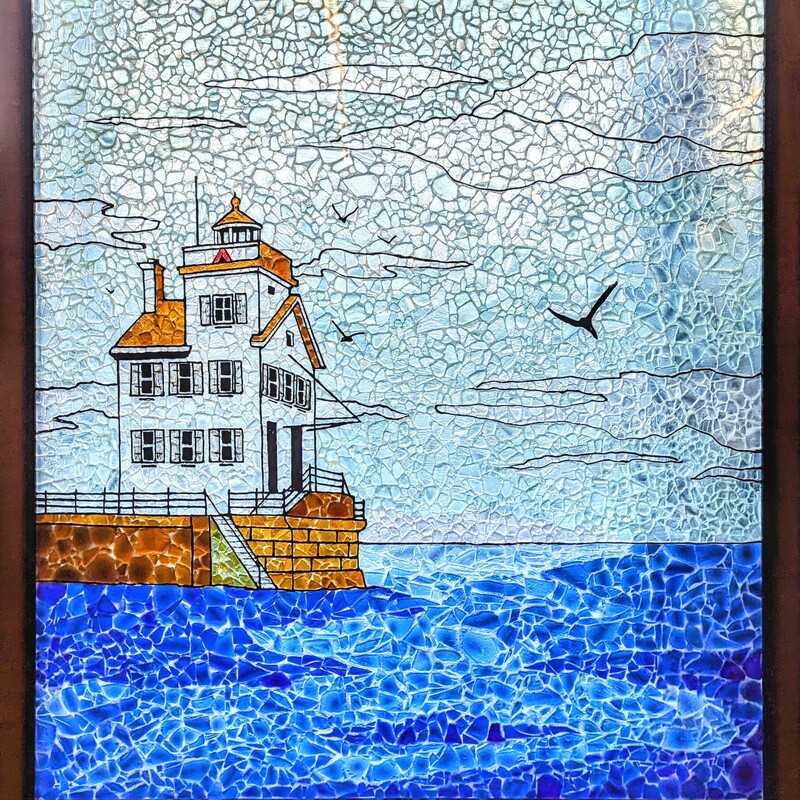 Lighthouse Crushed Beach Glass Artwork in Frame
Blue White Green Brown
Frame Size: 39 x 41H
Hooks on top add 2 inches to height