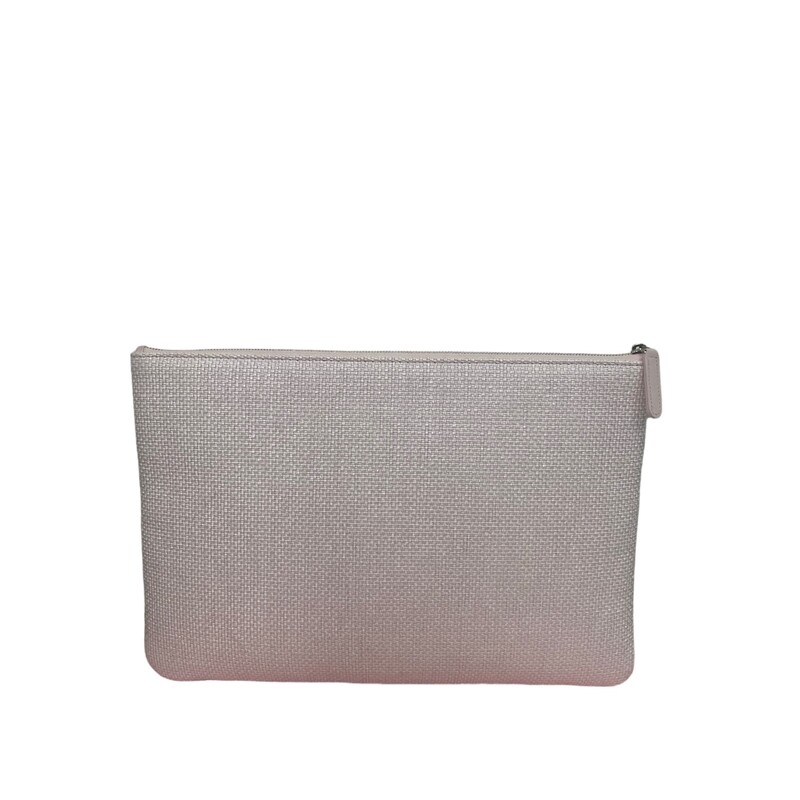 Chanel Deauville Raffia Clutch<br />
Designed from raffia, this clutch comes with a zip top closure that opens to a satin lined interior.<br />
Pale Pink Color<br />
Dimensions:<br />
13 Length<br />
9 Height