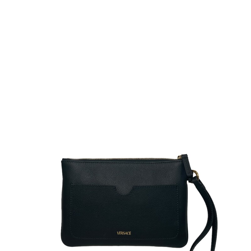 Versace Medusa Wristlet
Versace Clutch
Black Leather
Gold-Tone Hardware
Wrist Strap
Single Exterior Pocket
Canvas Lining with Card Slots
Zip Closure at Top

Dimensions:
 Height: 6.25
Width: 9
Depth: 0.25