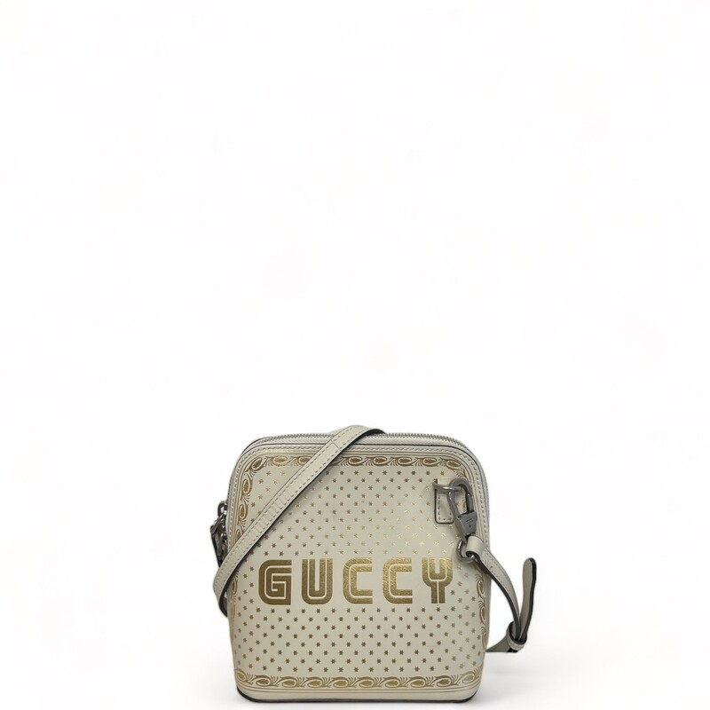 Guccy X Sega Dome
Inspired by classic arcade games from the '80s, shimmering foil graphics add a playful touch to a compact crossbody bag crafted in Italy from supple leather. Antiqued palladium-toned hardware completes the throwback look.
Top zip closure
Optional, adjustable crossbody strap
Divided interior with center zip pocket
Silk lining
Leather
Made in Italy
Style code: 467891
Dimensions:
Gucci Guccy Sega Crossbody Bag
GUCCI
Guccy Sega Crossbody Bag
$595.00
$476.00
20% Off
ADD TO BAG
Final sale without purchase of Return Guarantee.

Make It Returnable
Return icon
Return Guarantee for $55.22
What's covered
Powered by
XCover
DESCRIPTION
Gucci Crossbody Bag
By Alessandro Michele
Neutrals Leather
Graphic Print
Silver-Tone Hardware
Flat Handle & Single Adjustable Shoulder Strap
Leather Trim Embellishment
Nylon Lining & Single Interior Pocket
Zip Closure at Top
Includes Dust Bag
Unfortunately, due to restrictions, this item may not be eligible for shipping in all areas.
Dimensions:
Shoulder Strap Drop: 31.75
Height: 6.5
Width: 6.5
Depth: 3.25