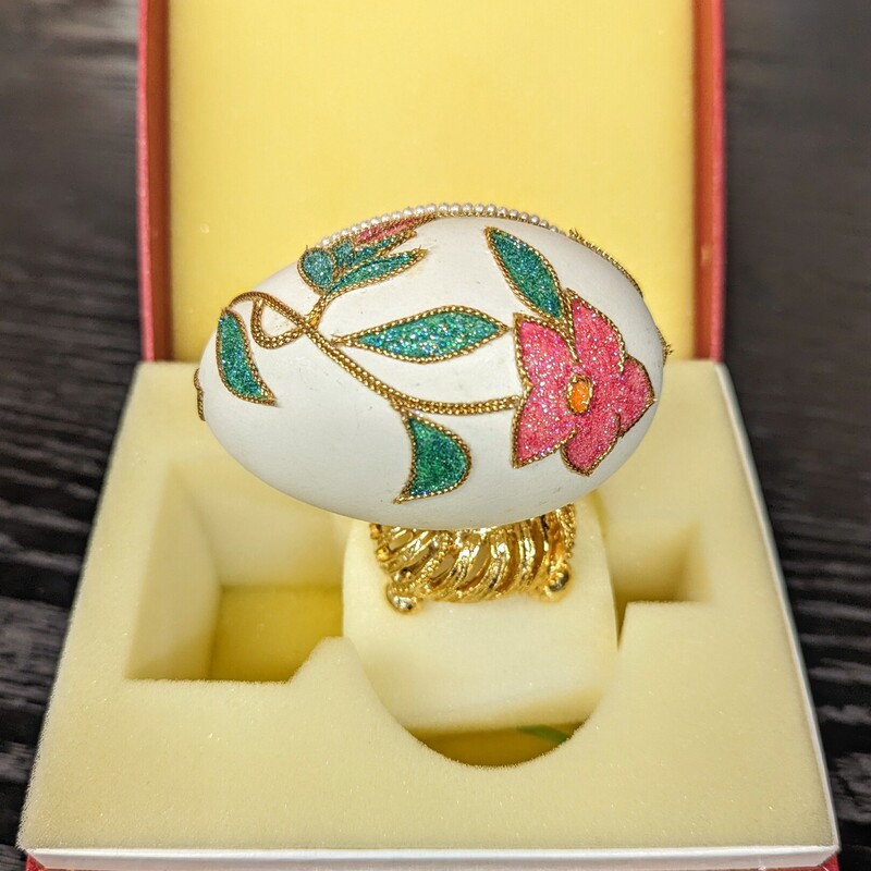 HandmadeJeweled Goose Egg<br />
White Pink Gold Green Size: 4 x 3H<br />
Original box included
