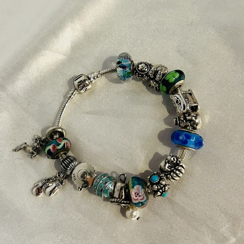 Pandora Bracelet with 16 Charms
Silver Green Blue Size: 8L