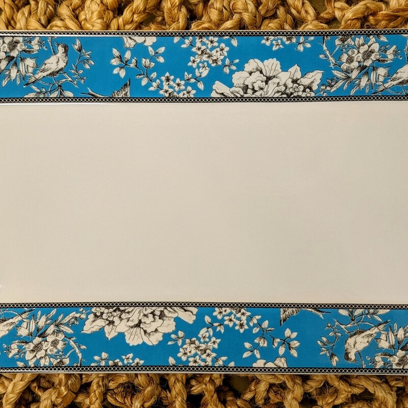 Ciroa Toile Rectangle Serving Platter
White, Black and Blue
 Size: 14.5x8H