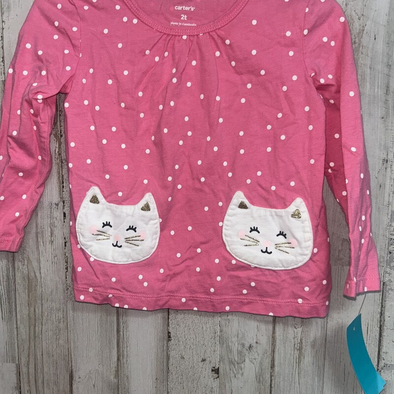 2T Pink Dotted Cat Tee, Pink, Size: Girl 2T