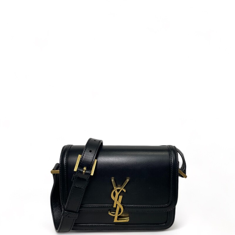 Saint Laurent  Solferino, Black
Type of Material: Calfskin
Color: Black
Lining: Black Leather
Pockets: One Interior
Hardware: Gold Tone
Closure: Push Lock
Origin: Italy
Year: 2020
Style Code: 634306
Dimensions:Width (at base): 9
Height: 7.5
Depth: 2
Shoulder Strap Drop: Adjustable, 18