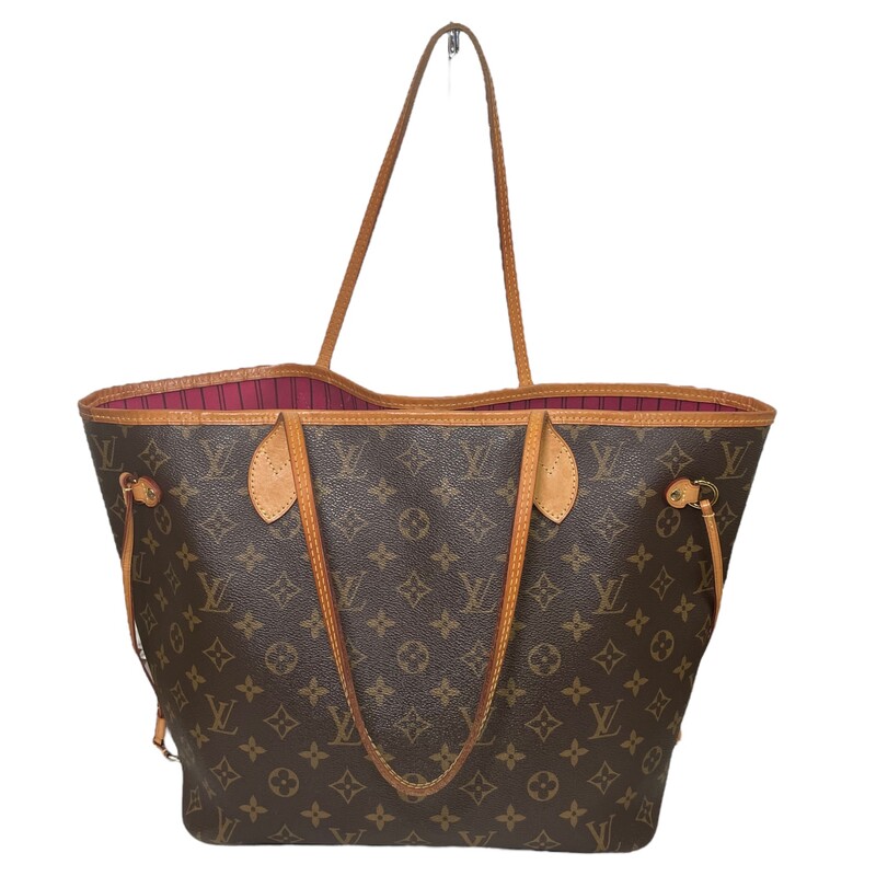 Louis Vuitton Neverfull, Size: MM<br />
Ebene canvas with natural cowhide trim, it is roomy but not bulky, with side laces that cinch for a sleek allure or loosen for a casual look. Slim, comfortable handles slip easily over the shoulder or arm. Lined in colorful textile, it features a removable pouch which can be used as a clutch or an extra pocket.<br />
Raspberry interior<br />
Date Code: SD1077<br />
Dimnesions: 12.6 x 11.4 x 6.7 inches<br />
(length x Height x Width)