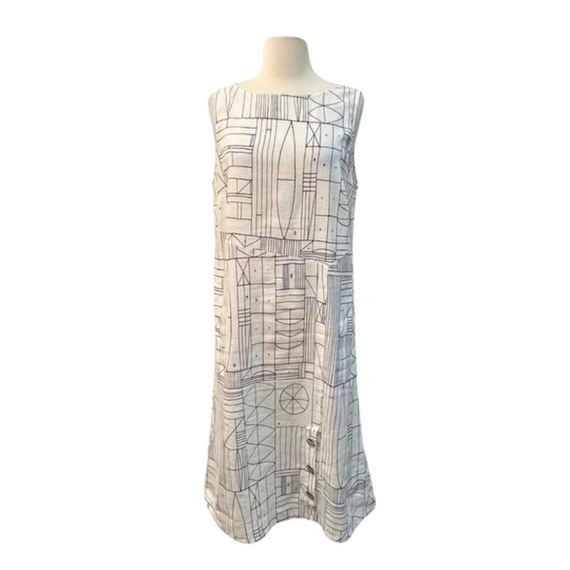 Habitat Geo Print Dress<br />
80% Linen  20% Cotton<br />
Sleeveless<br />
Has Pockets<br />
Cute Buttons<br />
White, and Black<br />
Size: Small