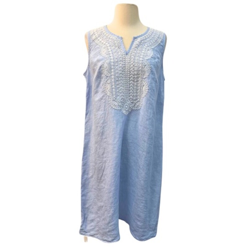 NEW J. Jill Linen Dress<br />
Embroidered and beaded neckline and chest detail<br />
Knee length<br />
Sleeveless<br />
Split neckline<br />
100% linen<br />
Pale Blue<br />
Size: Petite M