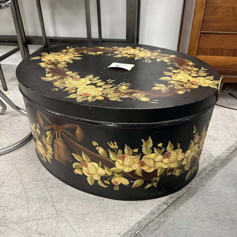 Large and Heavy Handpainted Toleware Box with Lid, Black with Floral Designs
Size: 29L x 24W x 14H