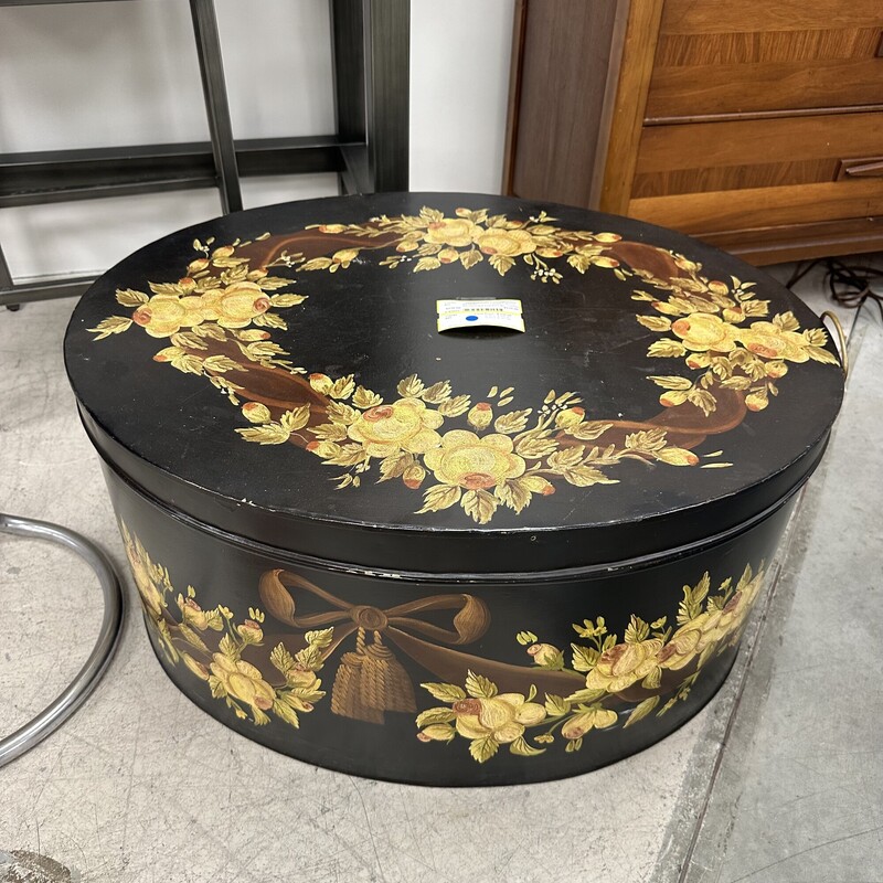 Large and Heavy Handpainted Toleware Box with Lid, Black with Floral Designs<br />
Size: 29L x 24W x 14H