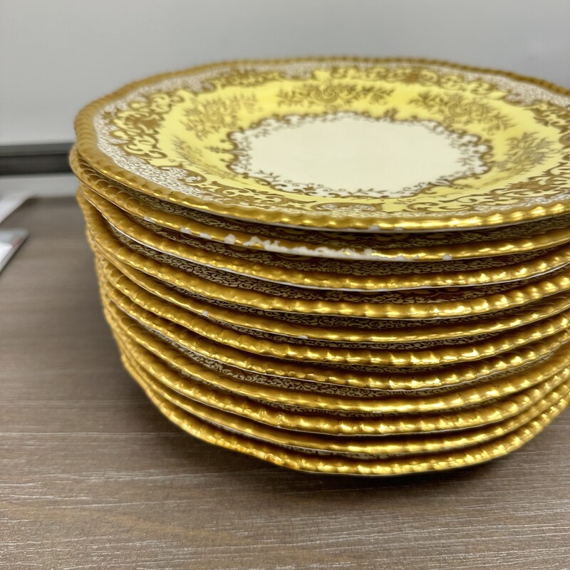 Vintage Coalport Salad Plates, Gold, and White. Sold as a LOT of 11, as is - some chipped paint.<br />
Size: 9in diamter