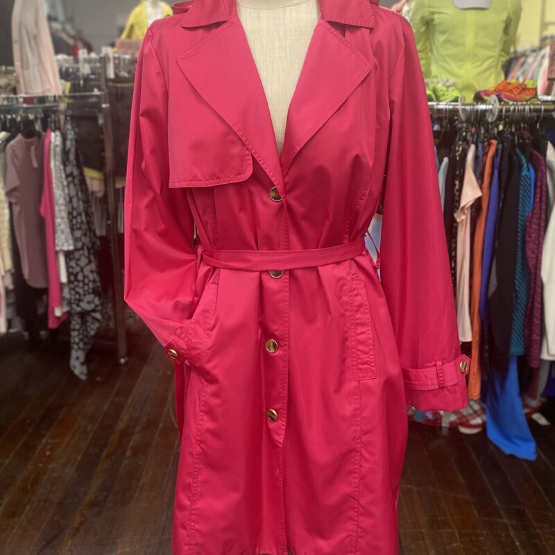 This trench style jacket from Chicos is a beautiful vibrant color for spring!!!!<br />
button up, belted, side pockets, hooded<br />
<br />
Chicos, Pink, Size: 2(l)