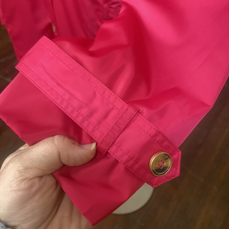 This trench style jacket from Chicos is a beautiful vibrant color for spring!!!!<br />
button up, belted, side pockets, hooded<br />
<br />
Chicos, Pink, Size: 2(l)
