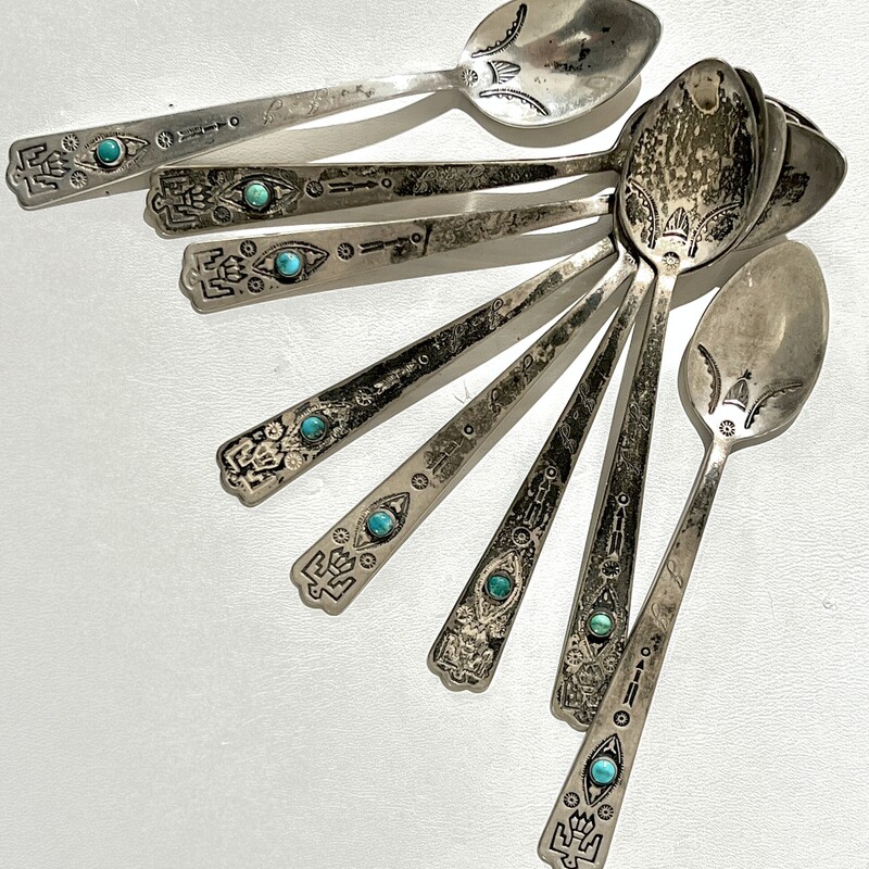 Set of 8 Native American, Sterling Turquoise spoons