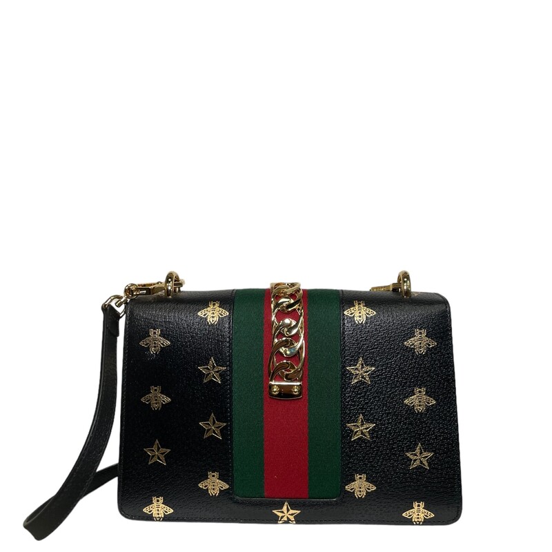 Gucci Sylvie Bee Star Handbag<br />
Black Leather<br />
Code: 524405 493075<br />
Comes With crossbody strap, Bow tie, and Dust bag<br />
Dimensions:<br />
10W x 7H x 3D<br />
4 handle drop<br />
21.5 strap drop