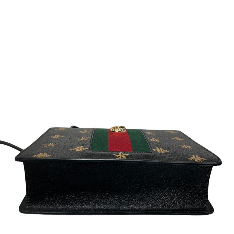 Gucci Sylvie Bee Star Handbag<br />
Black Leather<br />
Code: 524405 493075<br />
Comes With crossbody strap, Bow tie, and Dust bag<br />
Dimensions:<br />
10W x 7H x 3D<br />
4 handle drop<br />
21.5 strap drop