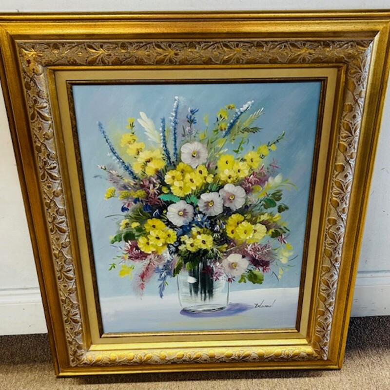 Spring Bouquet Oil Painting in Ornate Frame
Blue Yellow Purple Green Size: 24 x 27.5H