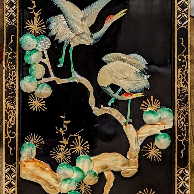 Asian Mother of Pearl Birds and Floral Panel
Black Green Blue Pink Gold on Black Lacquer
Size: 12x36H
Coordinating Panels Sold Separately