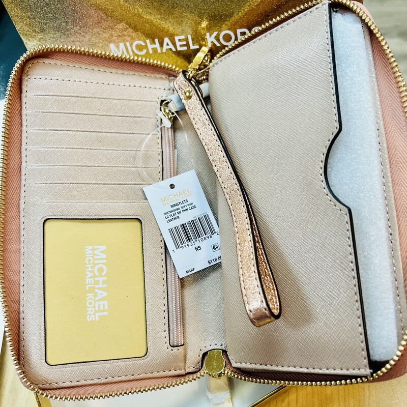Michael Kors
This wristlet bag is made of rose gold leather with RFID lining to help prevent electronic pickpocketing. This wristlet also decorated with gold tone hardware and Michael Kors logo-print on front. This elegant wristlet features removable wrist strap, this piece has enough space to hold your phone, documents, cards and cash.  This stylish wristlet has phone pocket, six credit card slots, one ID window, one zip compartment. The Michael Kors Wristlets large flat multi function phone case is perfect for your busy life. This Michael Kors Wristlets is made in dimensions of 1\" across, 4\" high and 7\" depth.
This wristlet is brand NEW with tags & the box.
No marks or flaws found.
Original Retail Price:  $118.00
