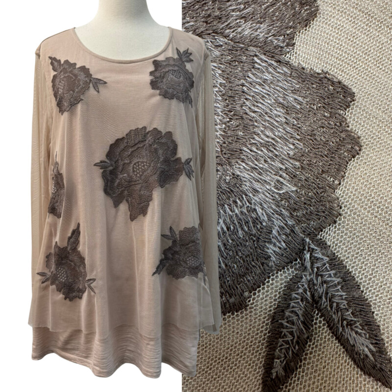 LOGO Lavish Floral Top
Embroidered Roses
Mesh Overlay
Taupe, and Mocha

Size: XLarge